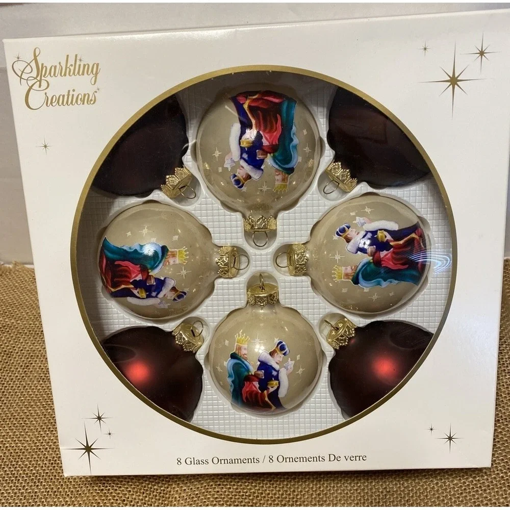 Sparkling Creations Glass Ornaments Wise Men Set Of 8. Vintage Christmas Bulbs - Picture 1 of 3